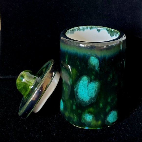Handmade Small Ceramic Stash Jar Marsh Green with Turquoise Blooms - Picture 5 of 9